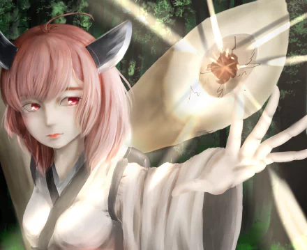 Tohoku Kiritan (Vocaloid) anime HD PC desktop wallpaper: pink-haired, horned girl in white robes reaching toward a glowing fan-like light amid a shadowy forest background.