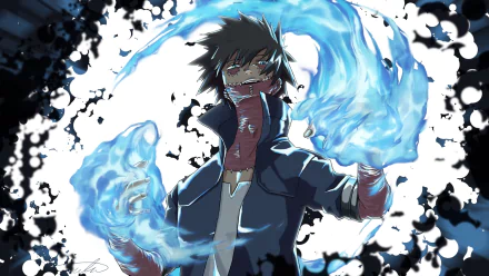 HD PC desktop wallpaper featuring Dabi from My Hero Academia, showcasing his blue flames and intense expression in vibrant anime style.