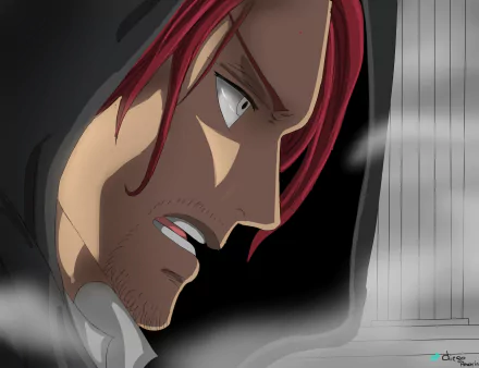 HD PC desktop wallpaper featuring a close-up of a red-haired anime character from One Piece, with intense expression and dramatic shading.