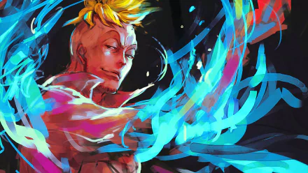 HD PC desktop wallpaper of Marco (One Piece) in anime style — shirtless and defiant, wrapped in vivid blue phoenix flames against a dark background.