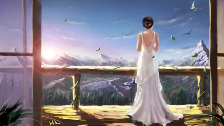 A fantasy-themed HD PC desktop wallpaper depicting a woman in a flowing white dress standing on a wooden balcony, overlooking a mountainous landscape at sunrise.
