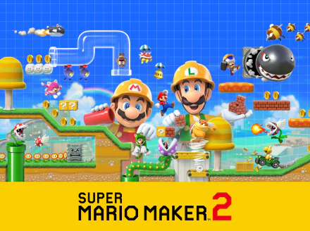 8K Ultra HD Super Mario Maker 2 wallpaper featuring Mario, Luigi, Toad, Goomba, and various iconic video game elements on a vibrant platforming background.