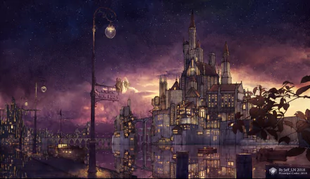HD anime cityscape at night featuring glowing lights and a majestic castle, creating a vivid and atmospheric original anime desktop wallpaper.