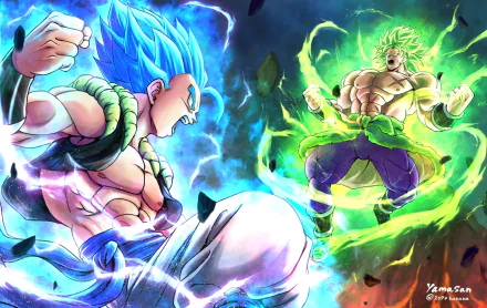 HD desktop wallpaper featuring an intense battle scene between Gogeta and Broly from Dragon Ball Super: Broly, showcasing vibrant anime art with dynamic action and powerful energy auras.