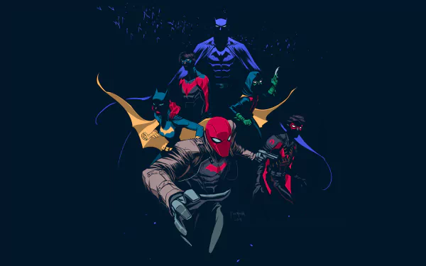 HD desktop wallpaper featuring DC Comics characters Damian Wayne, Barbara Gordon (Batgirl), Tim Drake, Dick Grayson (Nightwing), and Jason Todd (Red Hood) standing heroically. Batman in a dark, shadowy background.