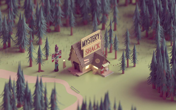 4K Ultra HD PC desktop wallpaper of the Mystery Shack from the TV show Gravity Falls, surrounded by tall pine trees in a misty forest setting.