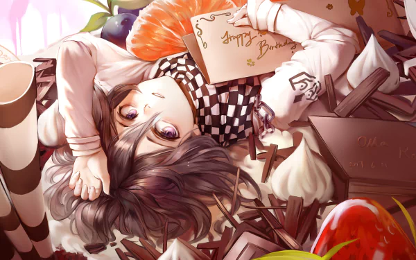 HD desktop wallpaper featuring Kokichi Oma from the video game Danganronpa V3: Killing Harmony, surrounded by books and various colorful objects.