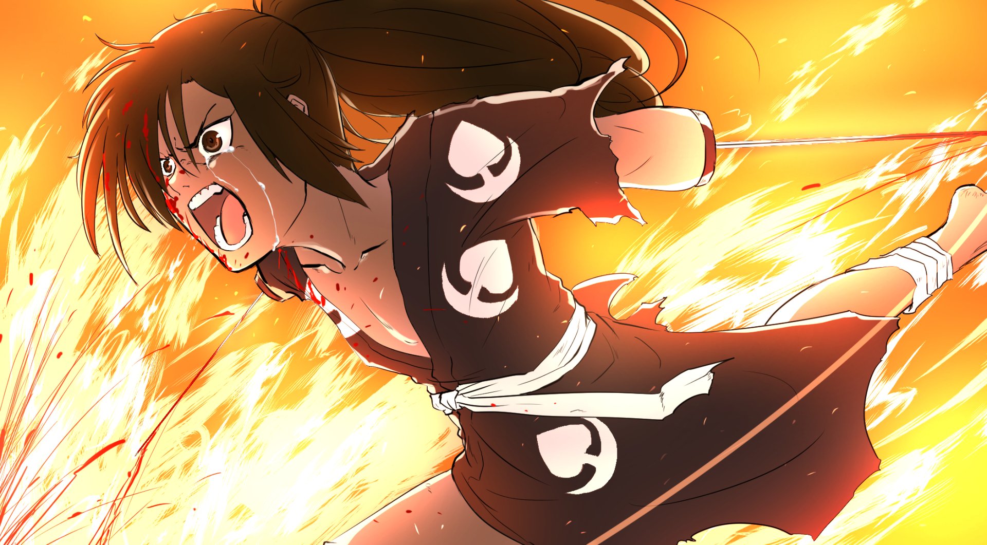 HD anime desktop wallpaper featuring Hyakkimaru from Dororo, captured in a dynamic action pose with fiery orange background.