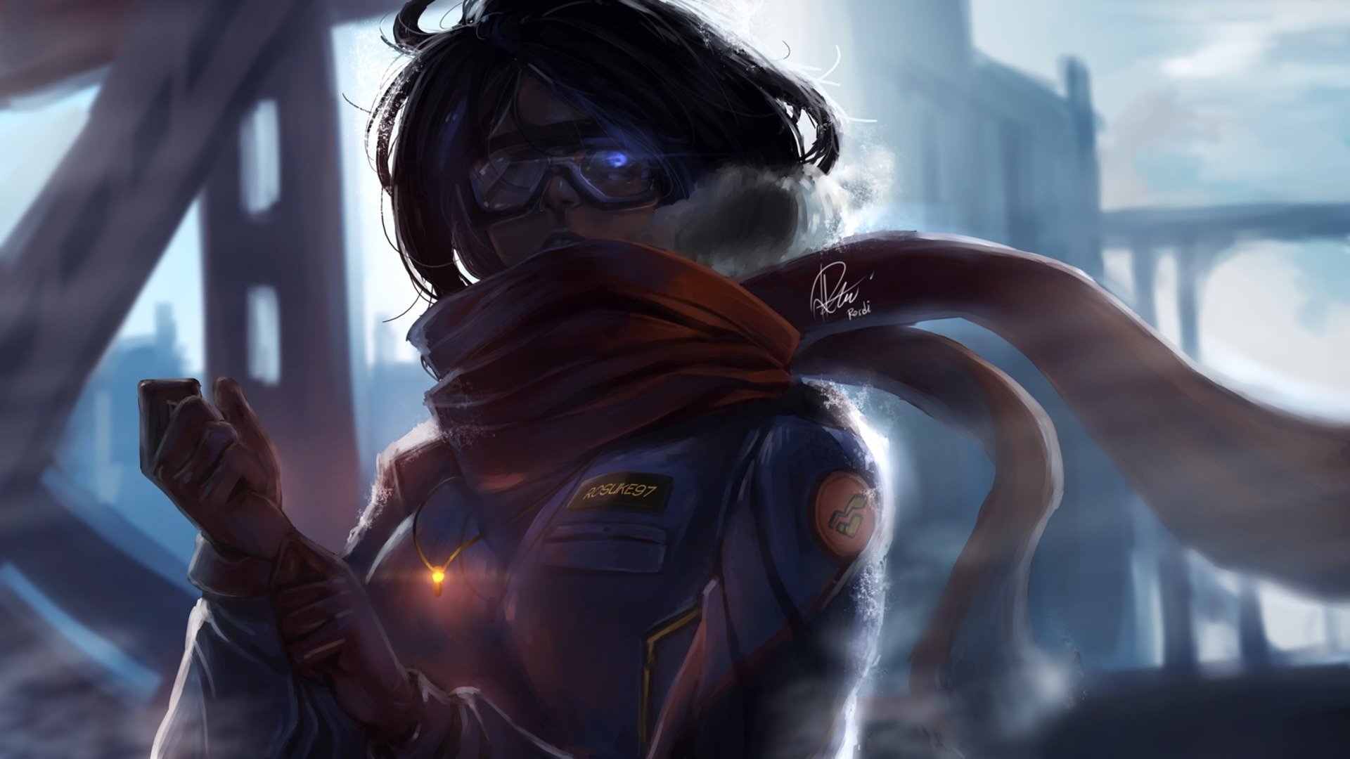 HD desktop wallpaper featuring a fantasy scene with a woman dressed in a scarf and goggles, and sporting black hair, standing in front of a misty, industrial background.