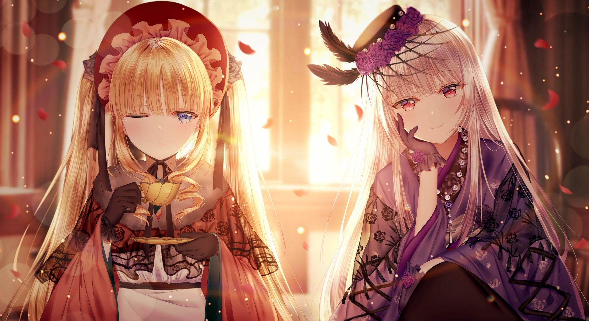 A 4K Ultra HD anime wallpaper featuring Suigintou and Shinku from Rozen Maiden, set in a warmly lit, detailed scene with soft glowing light and falling petals.