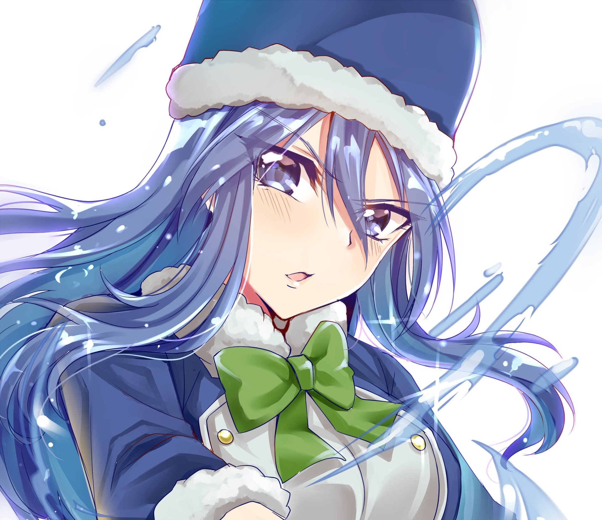 HD PC wallpaper featuring Juvia Lockser from the anime Fairy Tail, showcasing her with flowing blue hair and a winter-themed outfit.