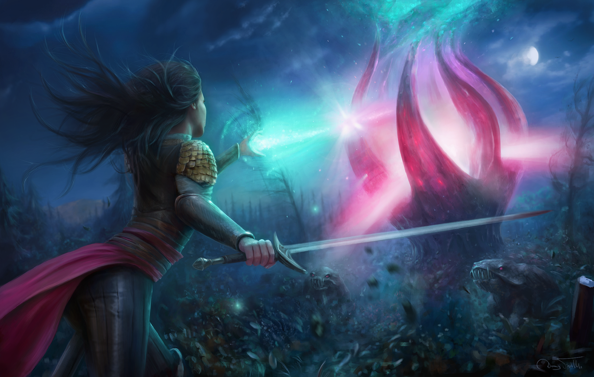 Download Woman Warrior Mage Sword Light Sky Fantasy HD Wallpaper by Dennis Fröhlich