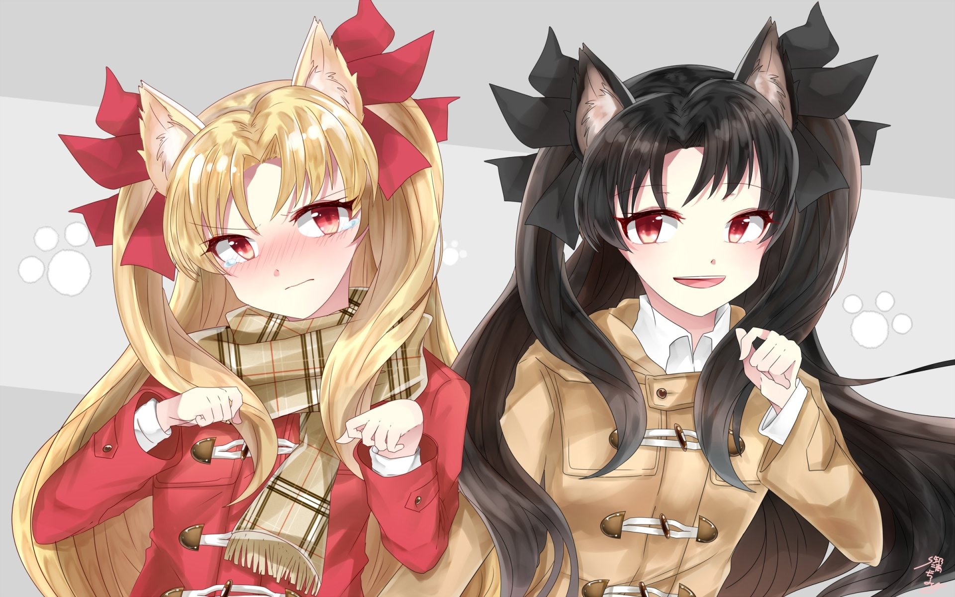 HD anime desktop wallpaper featuring Ishtar and Ereshkigal from Fate/Grand Order, both in winter attire with cat ears and playful expressions.