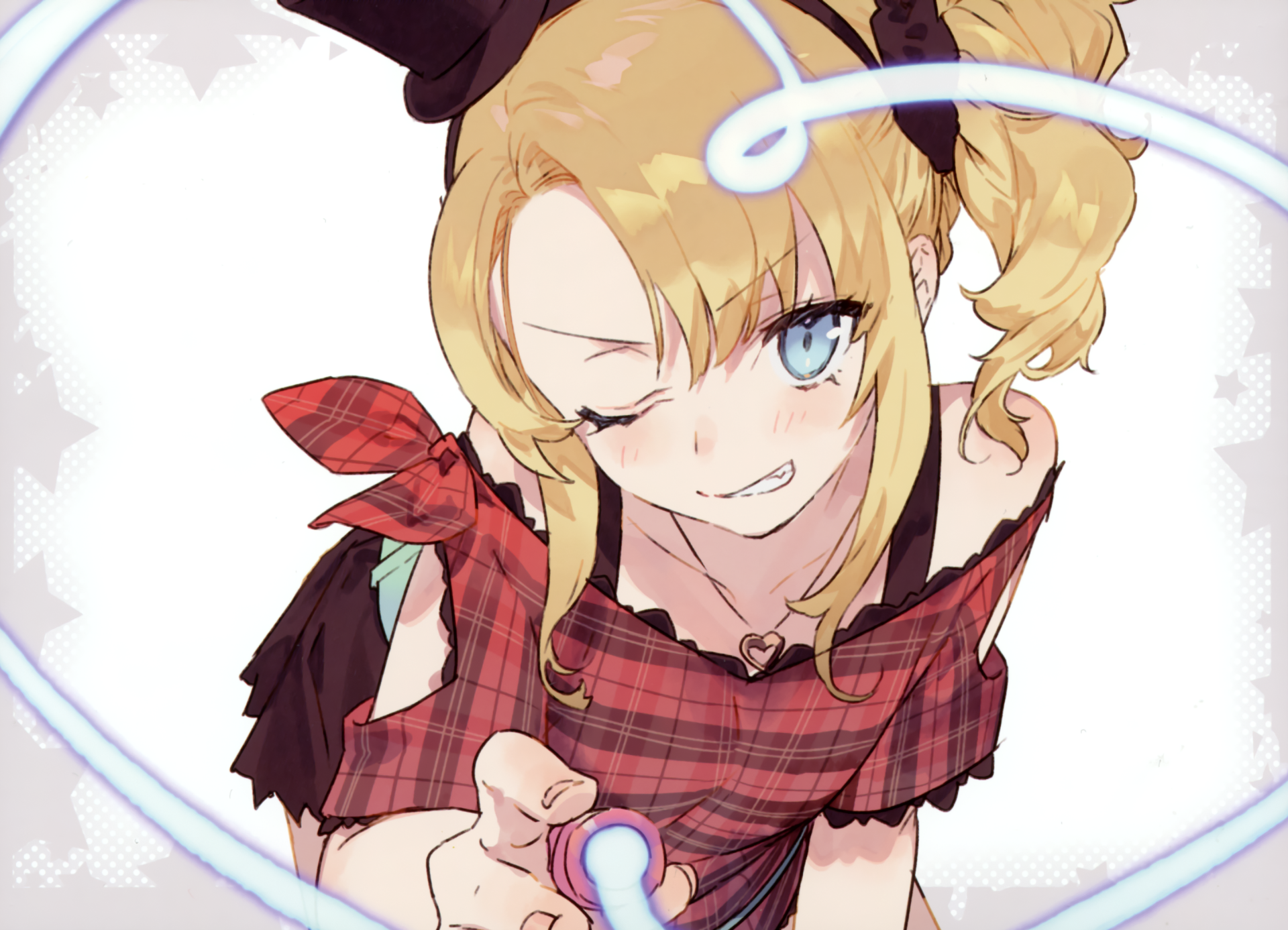 HD desktop wallpaper of Nodoka Toyohama from the anime Rascal Does Not Dream of Bunny Girl Senpai, featuring her winking and smiling, dressed in a red plaid outfit with a playful expression.