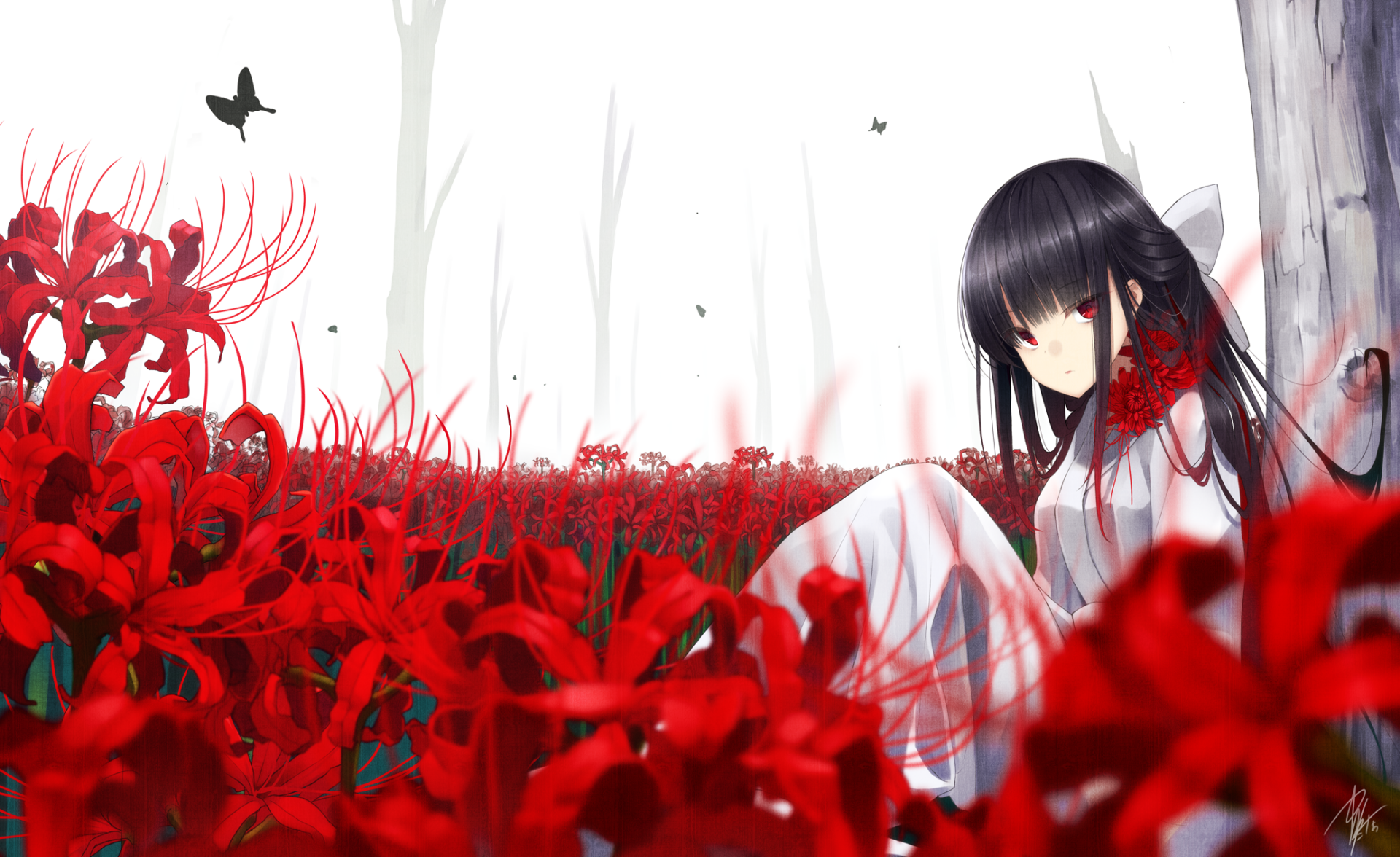 Anime artwork of a serene girl with black hair, reclining among vibrant red flowers, set against a misty, white background with few black butterflies. This HD wallpaper and background exudes calmness and beauty.