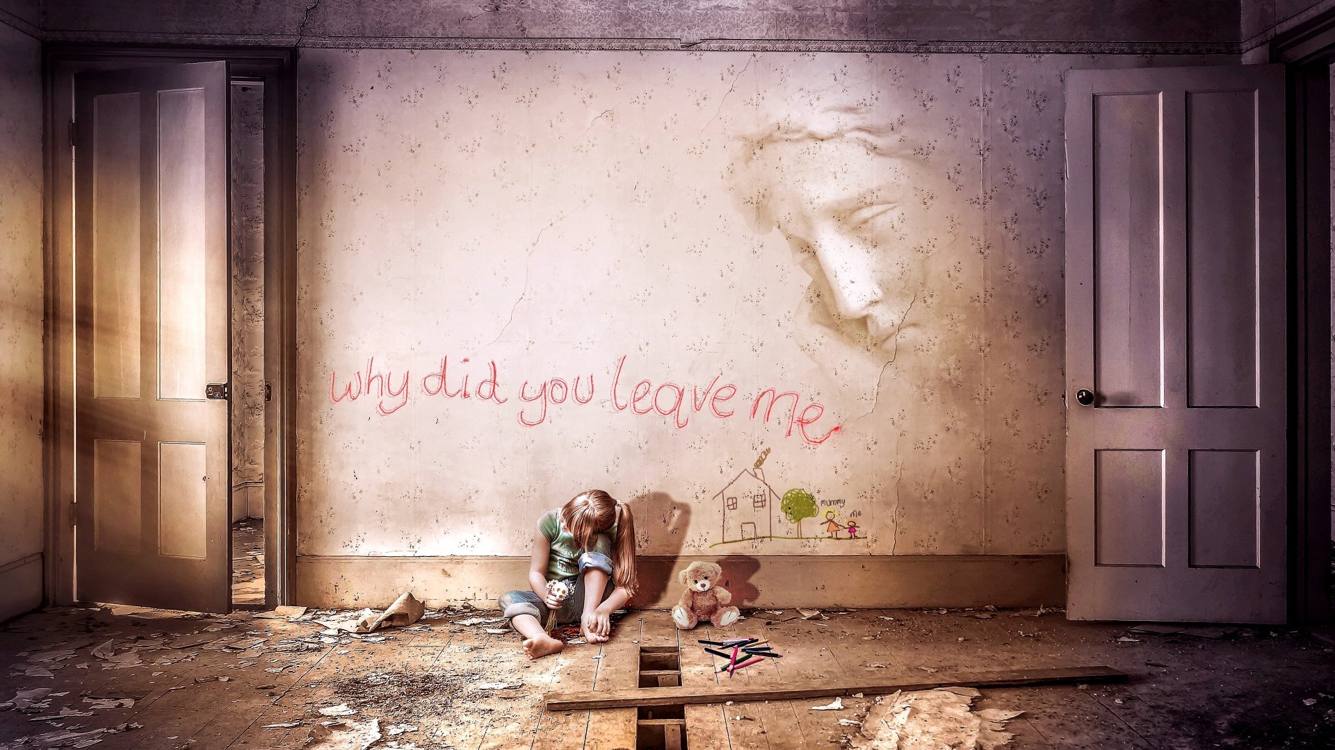 A 4K Ultra HD artistic wallpaper showing a sad child sitting alone in a dilapidated room with why did you leave me? written on the wall and a faint angelic face above.