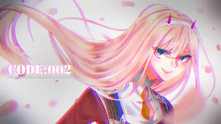 HD anime desktop wallpaper featuring Zero Two from Darling in the FranXX with a glitch effect and vivid colors, tagged glitch, Zero Two, Anime, Darling in the FranXX.