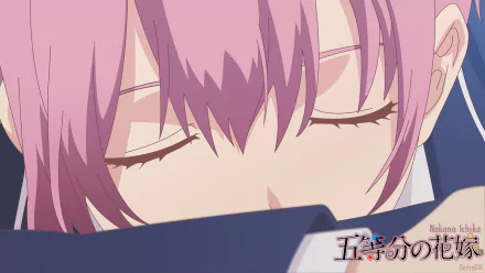 Close-up HD anime wallpaper of Ichika Nakano from The Quintessential Quintuplets with her eyes closed, showcasing detailed pink hair and soft expression.