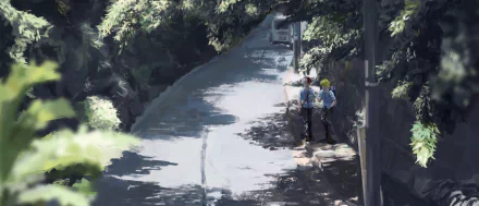 HD PC desktop wallpaper of My Hero Academia: Katsuki Bakugou and Shoto Todoroki stand on a sunlit, tree-lined street in detailed anime style.