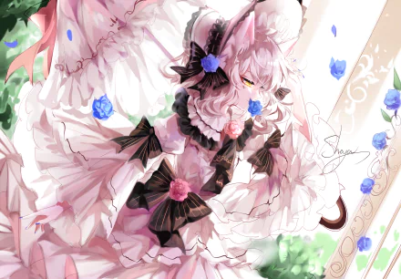 Anime girl with blonde short hair, pointed ears, and yellow eyes holds an umbrella adorned with bows and flowers in a detailed HD desktop wallpaper.