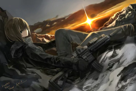 A high-definition desktop wallpaper depicting an anime character with short brown hair, holding a gun, against a vivid sunset backdrop. The character is reclining in a mountainous landscape.