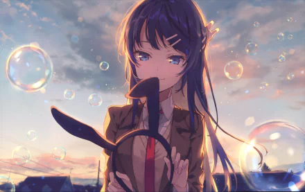 HD desktop wallpaper featuring Mai Sakurajima from Rascal Does Not Dream of Bunny Girl Senpai. The anime character stands against a dreamy sky with floating bubbles, adding a magical touch.