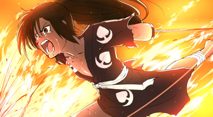 HD anime desktop wallpaper featuring Hyakkimaru from Dororo, captured in a dynamic action pose with fiery orange background.