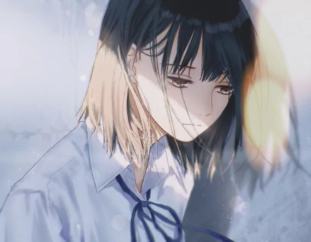 HD desktop wallpaper featuring an original anime character with black hair, expressing sadness. The melancholic atmosphere captures the essence of the character's emotional state.