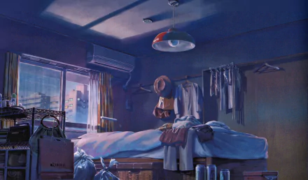 HD anime desktop wallpaper from The Garden of Words, depicting a softly lit bedroom with neatly arranged clothes and a view through the window.