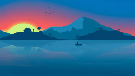 Artistic 4K Ultra HD landscape wallpaper featuring a lone fisherman on calm water at sunset with silhouetted hills and birds flying overhead.