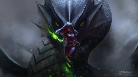 A fantasy sorceress wields green magic, standing before a massive, menacing snake in this HD PC desktop wallpaper and background.