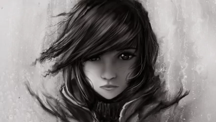 HD desktop wallpaper featuring a monochrome, close-up portrait of Lightning from Final Fantasy XIII-2, a popular video game.