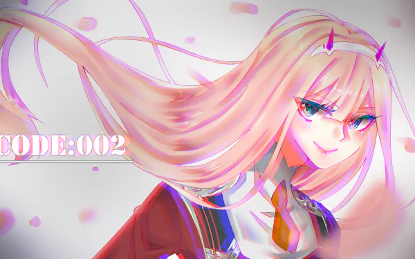 HD anime desktop wallpaper featuring Zero Two from Darling in the FranXX with a glitch effect and vivid colors, tagged glitch, Zero Two, Anime, Darling in the FranXX.