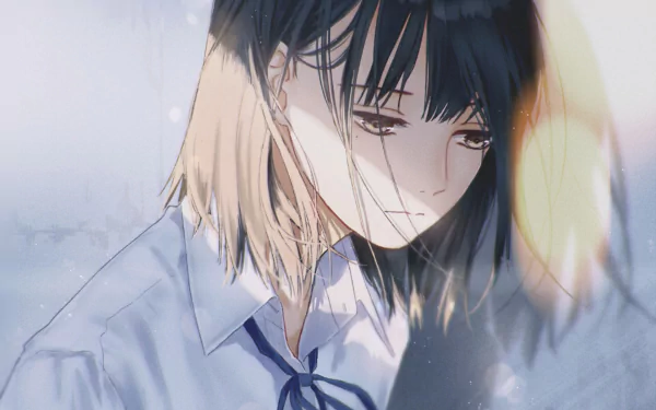 HD desktop wallpaper featuring an original anime character with black hair, expressing sadness. The melancholic atmosphere captures the essence of the character's emotional state.
