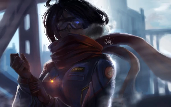HD desktop wallpaper featuring a fantasy scene with a woman dressed in a scarf and goggles, and sporting black hair, standing in front of a misty, industrial background.