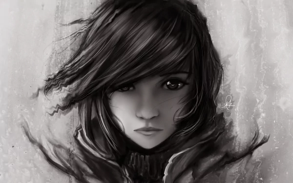 HD desktop wallpaper featuring a monochrome portrait of Lightning from Final Fantasy XIII-2, with a detailed, dramatic expression.