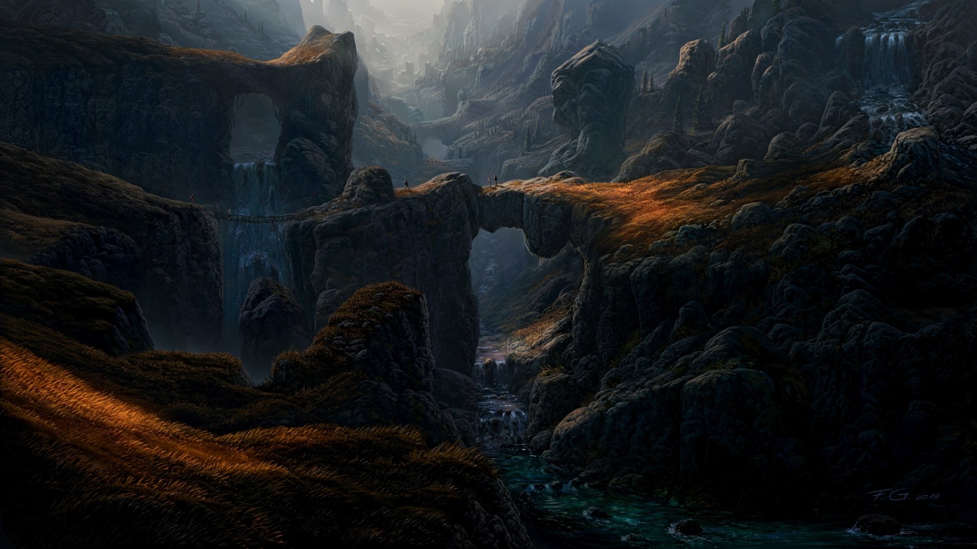 A dark, moody fantasy landscape with rugged cliffs, ancient stone arches, and a winding river, depicted in high-definition detail for a PC desktop wallpaper.