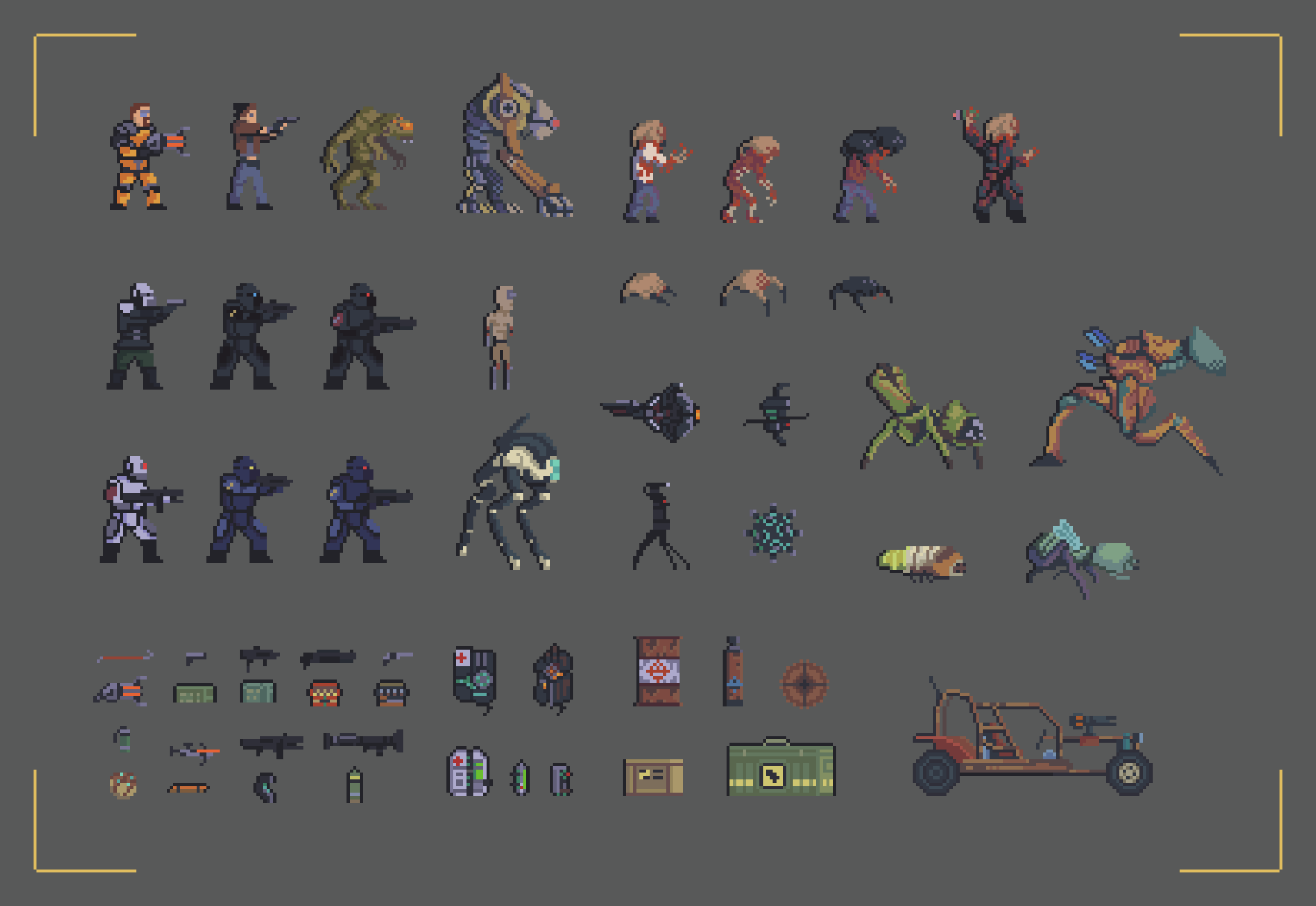 Pixel-art sprite sheet of Half-Life 2 video game characters, enemies, weapons and items on a gray field, arranged as an HD PC desktop wallpaper and background.