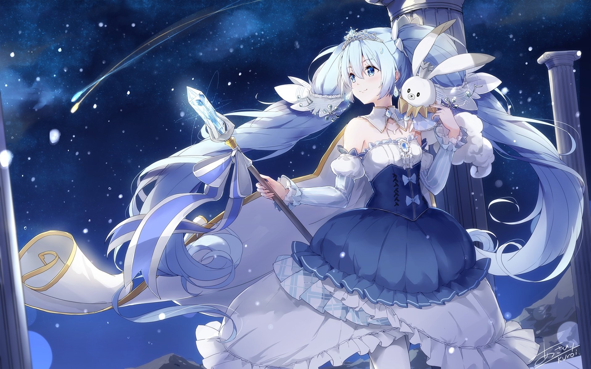 HD PC desktop wallpaper featuring Hatsune Miku in an anime-style Vocaloid design, dressed in a detailed blue and white outfit with celestial and magical elements.