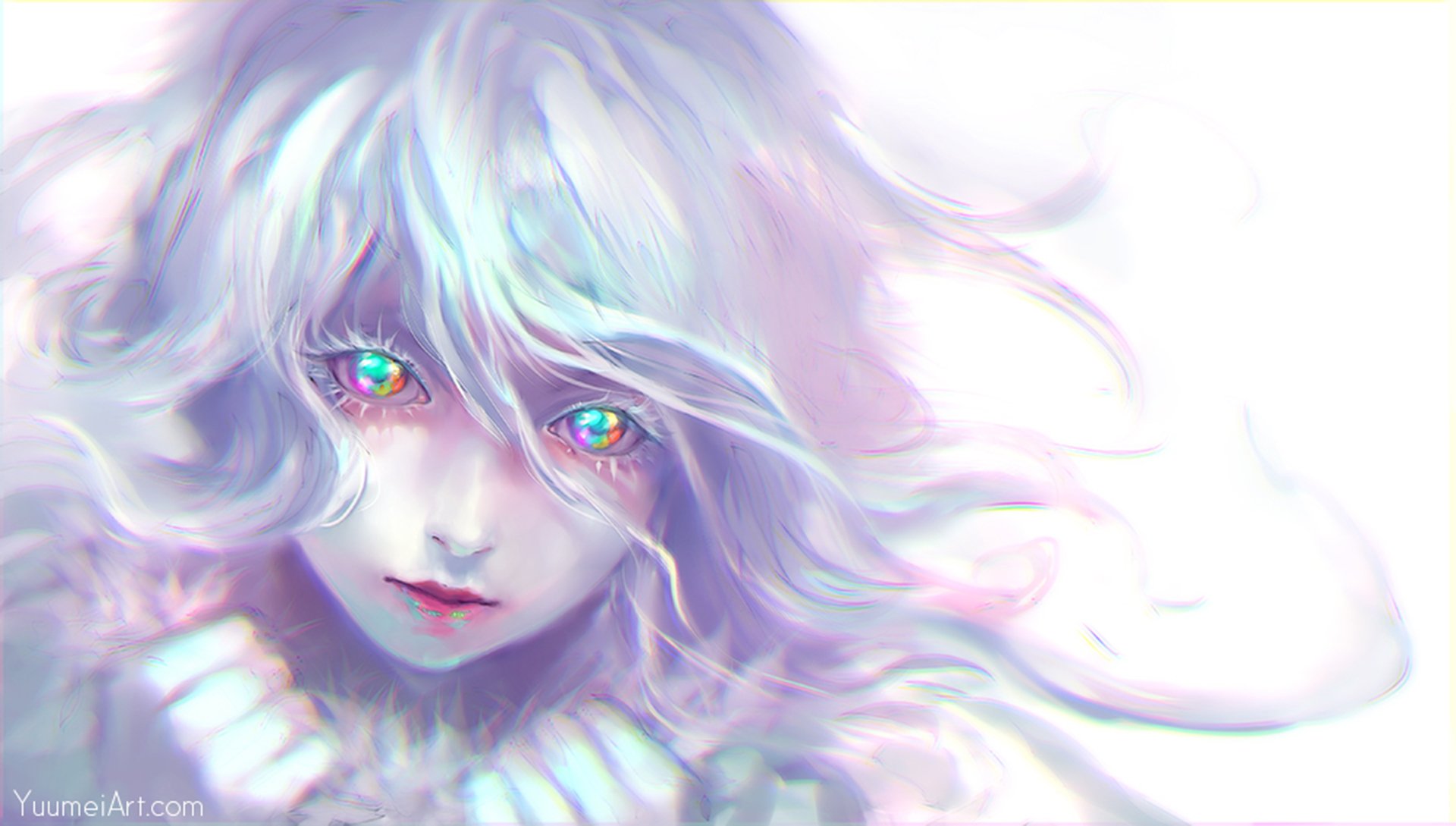 HD anime-style original artwork featuring a close-up of a character with flowing white hair and vibrant, multicolored eyes, designed as a PC desktop wallpaper.