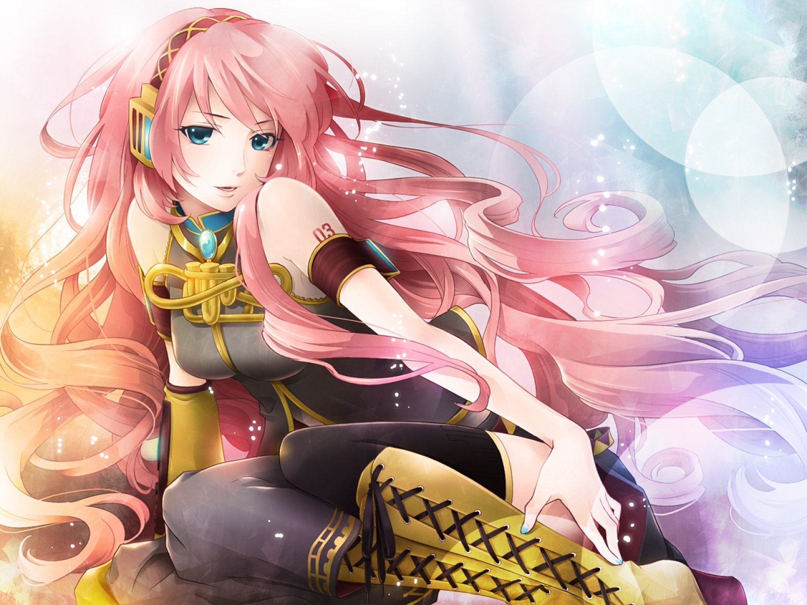 HD PC desktop wallpaper featuring Luka Megurine in a vibrant comic-style illustration with flowing pink hair and detailed costume elements.