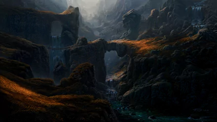 A dark, moody fantasy landscape with rugged cliffs, ancient stone arches, and a winding river, depicted in high-definition detail for a PC desktop wallpaper.