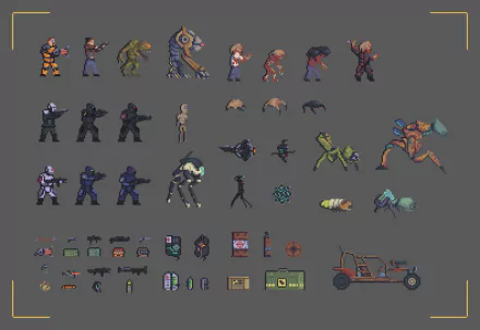 Pixel-art sprite sheet of Half-Life 2 video game characters, enemies, weapons and items on a gray field, arranged as an HD PC desktop wallpaper and background.