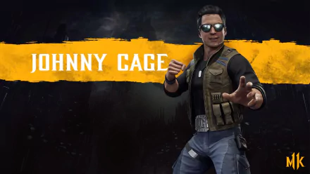 HD PC desktop wallpaper featuring Johnny Cage from the video game Mortal Kombat 11, striking a confident pose against a dark background with bold yellow text.