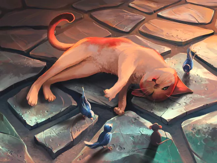 A fantasy HD desktop wallpaper featuring a relaxed cat lying on a stone path, with small birds and a mouse nearby. The scene has a dreamy and whimsical atmosphere.