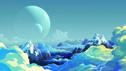 4K Ultra HD fantasy landscape featuring towering snow-capped mountains above swirling clouds, with two large celestial bodies glowing in a serene sky.