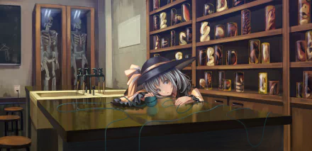 HD PC desktop wallpaper featuring Koishi Komeiji from the Touhou anime series, resting her head on a reflective table in a room filled with shelves of oddities and specimens.