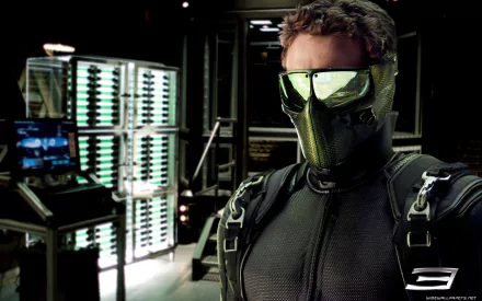 HD PC desktop wallpaper of James Franco as Harry Osborn in his Green Goblin suit from the movie Spider-Man 3, featuring a dark, high-tech background.