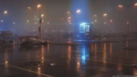 HD anime wallpaper featuring an empty, rain-soaked urban setting with a lone figure in a blue-lit telephone booth, tagged as alone, Anime, and Original.