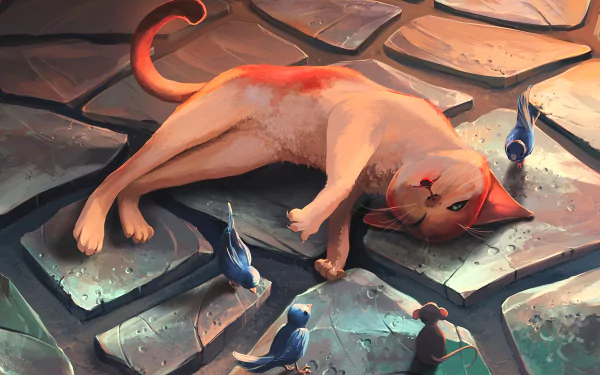 A fantasy HD desktop wallpaper featuring a relaxed cat lying on a stone path, with small birds and a mouse nearby. The scene has a dreamy and whimsical atmosphere.